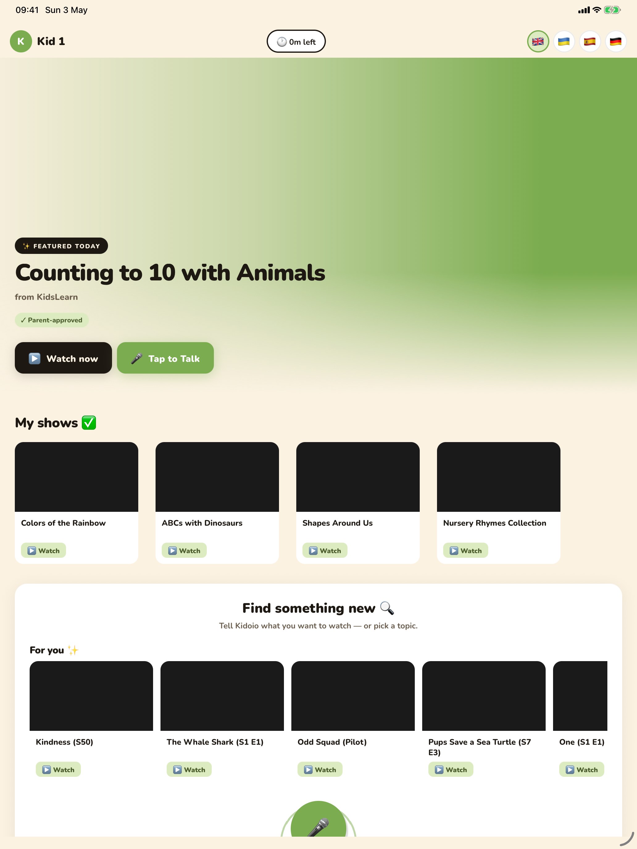 Kidoio kids app home screen with featured video, parent-approved badge, and the My shows row of approved videos