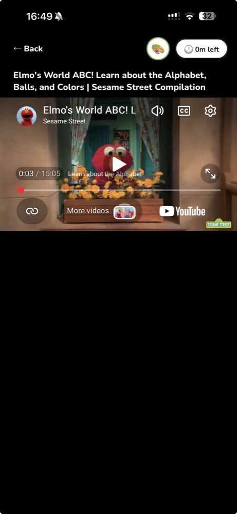 Kidoio kids app video player screen with an approved Sesame Street video, time limit, back button, volume, captions, and settings controls