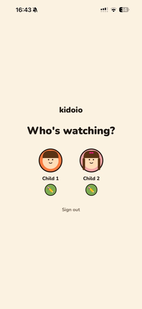 Kidoio kids app profile picker asking who is watching, with Child 1 and Child 2 avatar choices and edit buttons