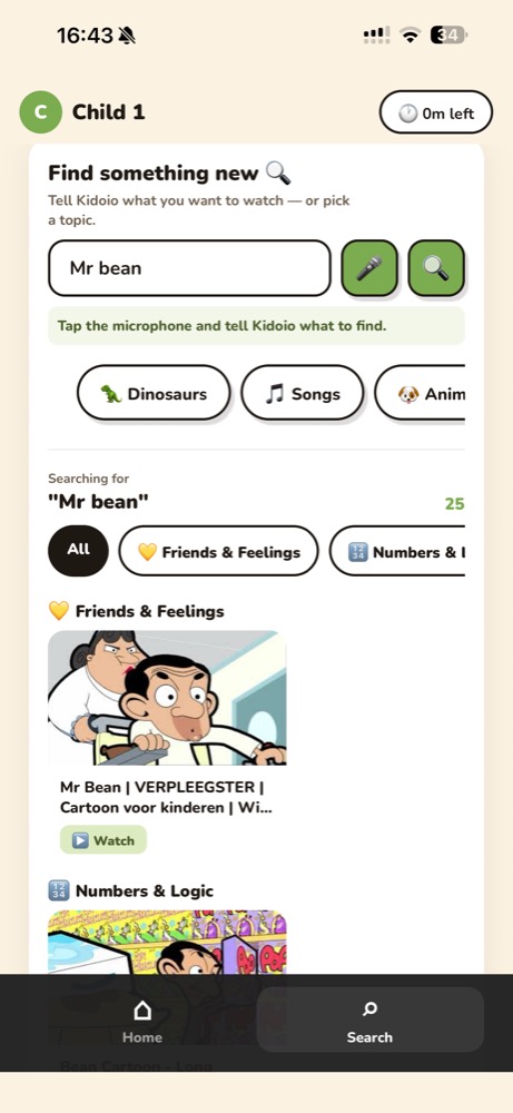 Kidoio kids app search screen where Child 1 searches for Mr Bean using text, microphone, topic chips, and safe results