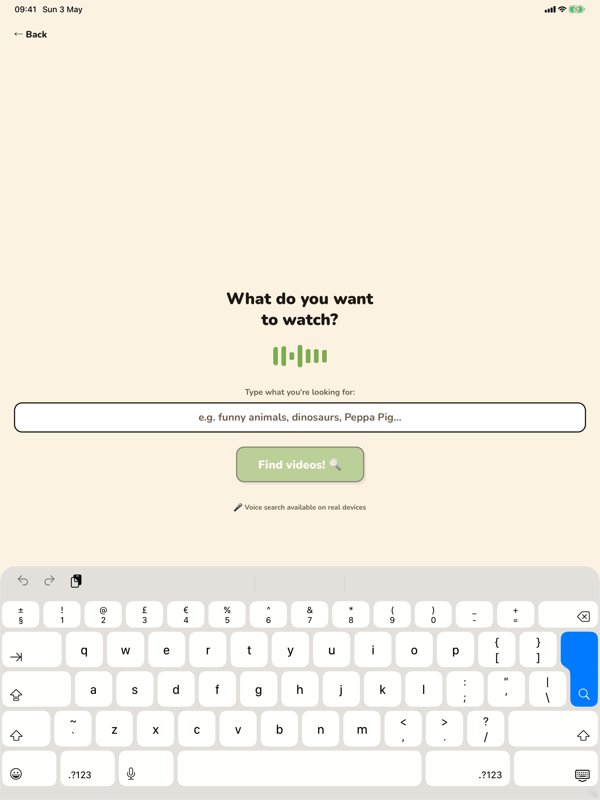 Find something new — kids tap the mic and ask in any language, type a keyword, or pick a topic chip; pending picks wait for a parent review