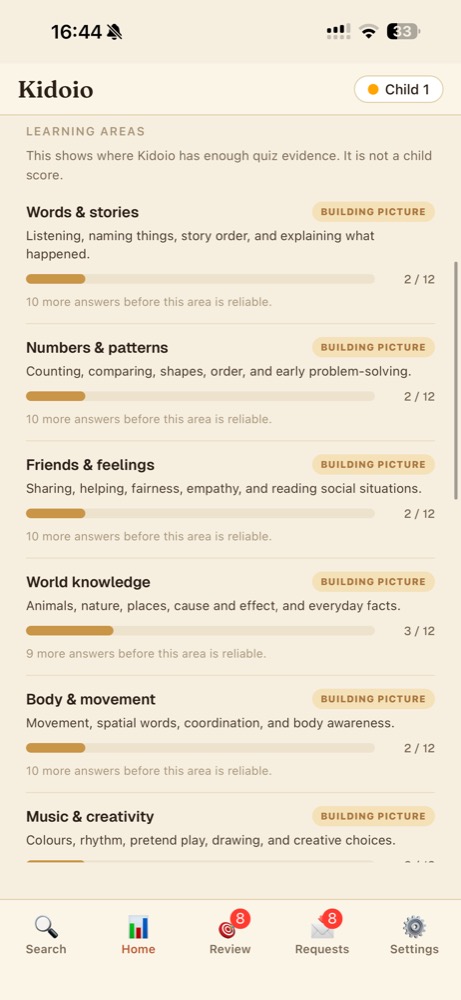 Parent app home screen showing learning areas, evidence progress, and building picture status by child