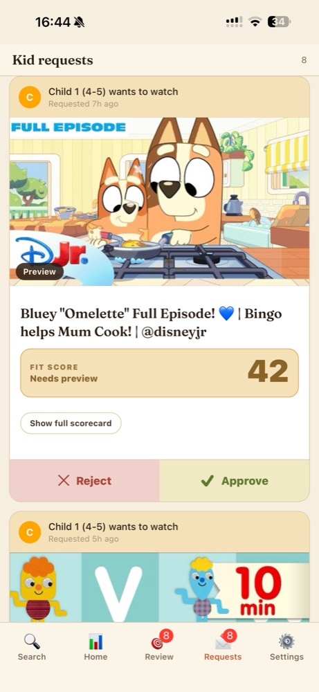 Parent app kid requests screen with requested videos, fit score, full scorecard button, and approve or reject actions