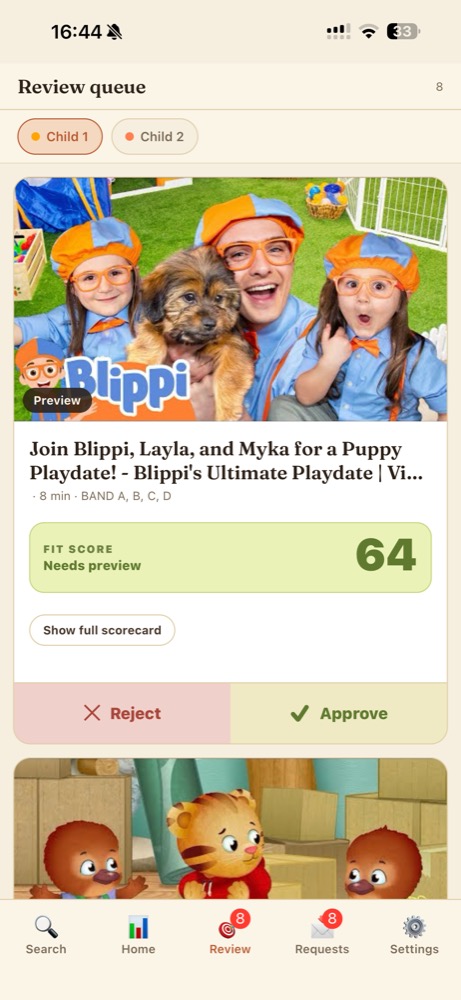 Parent app review queue with child filters, preview cards, fit score, and approve or reject actions