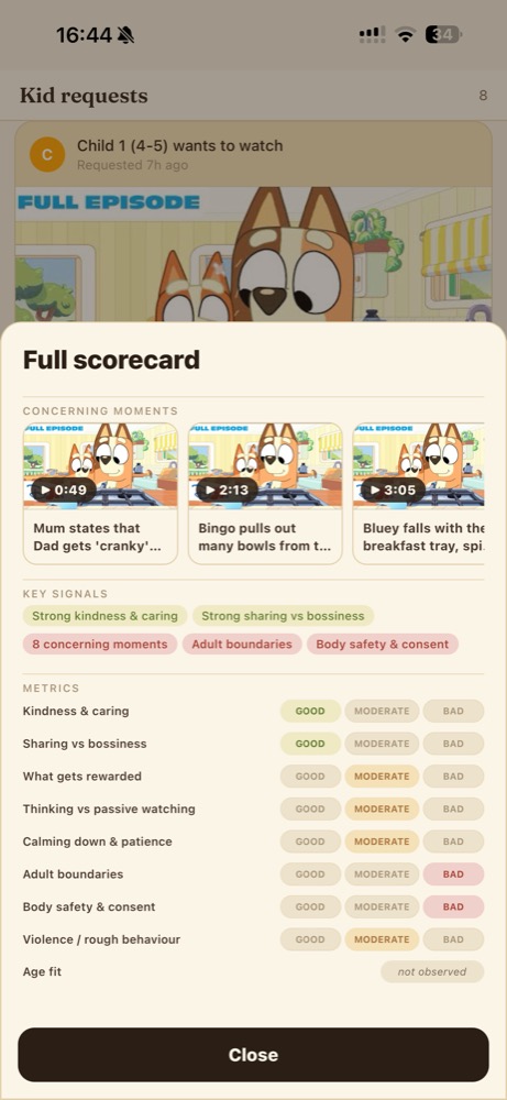 Parent app full scorecard modal showing concerning moments, key signals, and metric ratings for a video